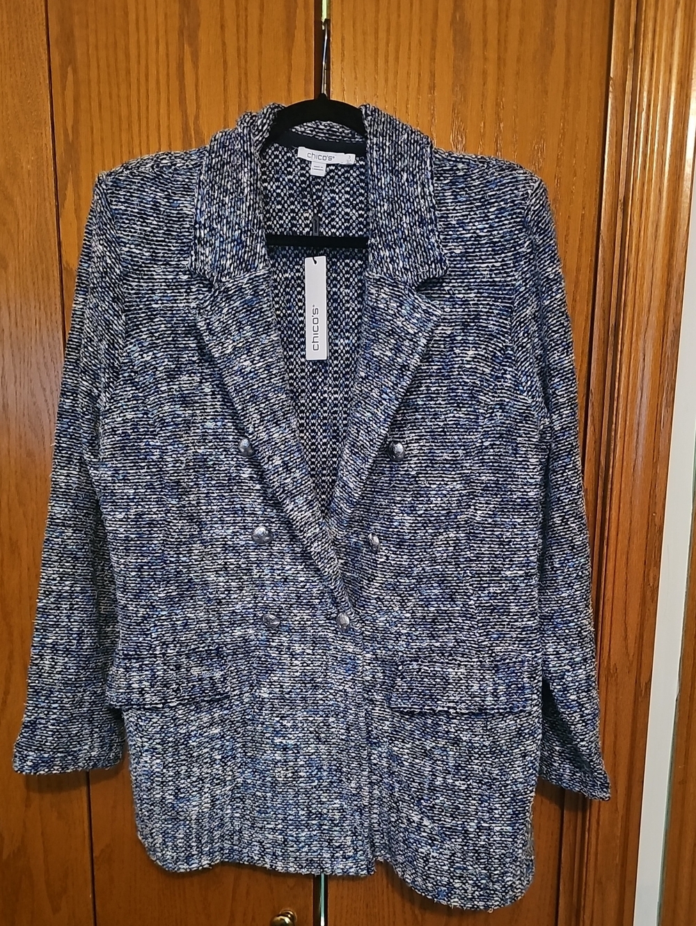 Chico's Navy & White Tweed Double-Breasted Blazer